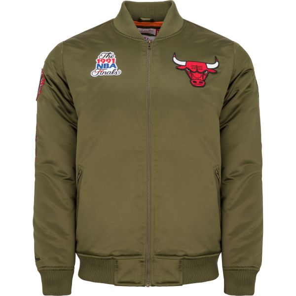 M&N Satin Bomber Jacket - PATCHES Chicago Bulls olive