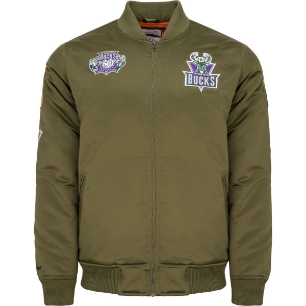 M&N Satin Bomber Veste - PATCHES Milwaukee Bucks