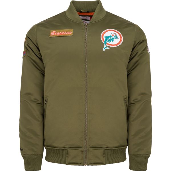M&N Satin Bomber Jacket - PATCHES Miami Dolphins olive