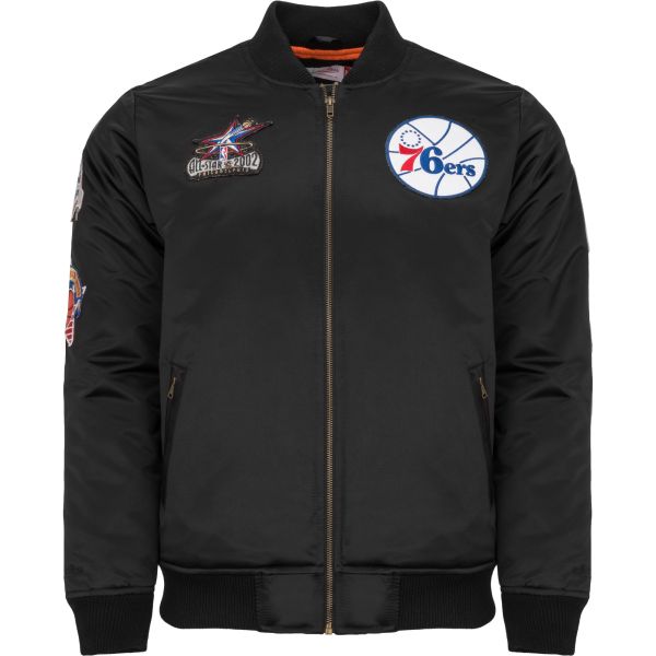 M&N Satin Bomber Jacke - PATCHES Philadelphia 76ers