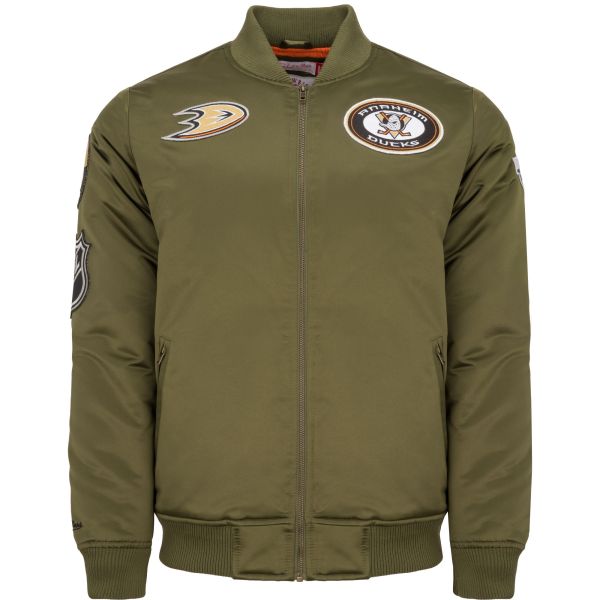 M&N Satin Bomber Jacket - PATCHES Anaheim Ducks olive