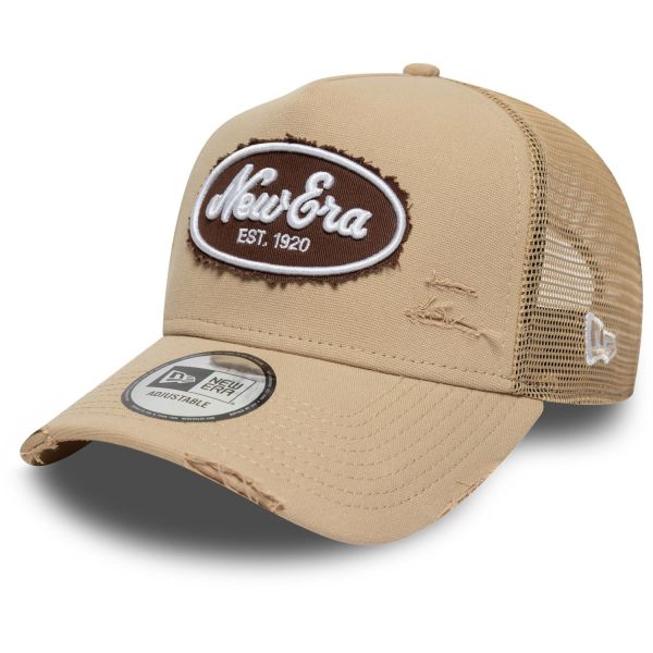 New Era Distress Vintage Mesh Trucker Cap BRAND PATCH beige
