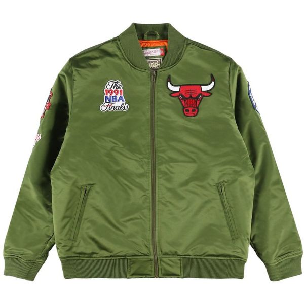 M&N Satin Bomber Jacke - FLIGHT Chicago Bulls oliv