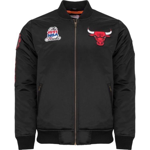 M&N Satin Bomber Veste - PATCHES Chicago Bulls noir